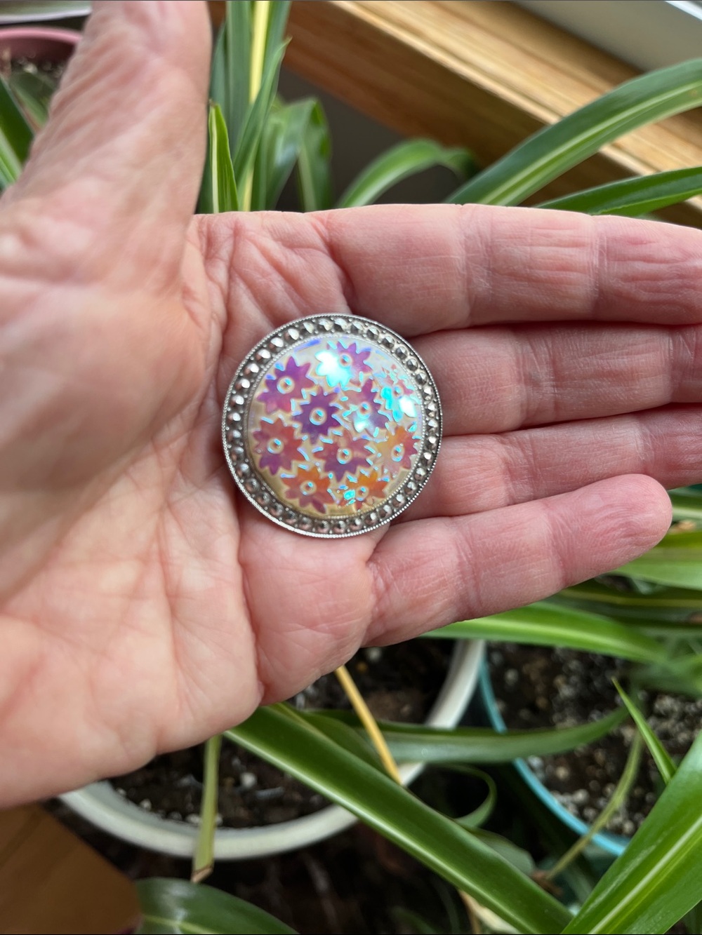 Vtg Scarf Clip Iridescent Flowers In Silver Tone Metal Setting Germany MCM